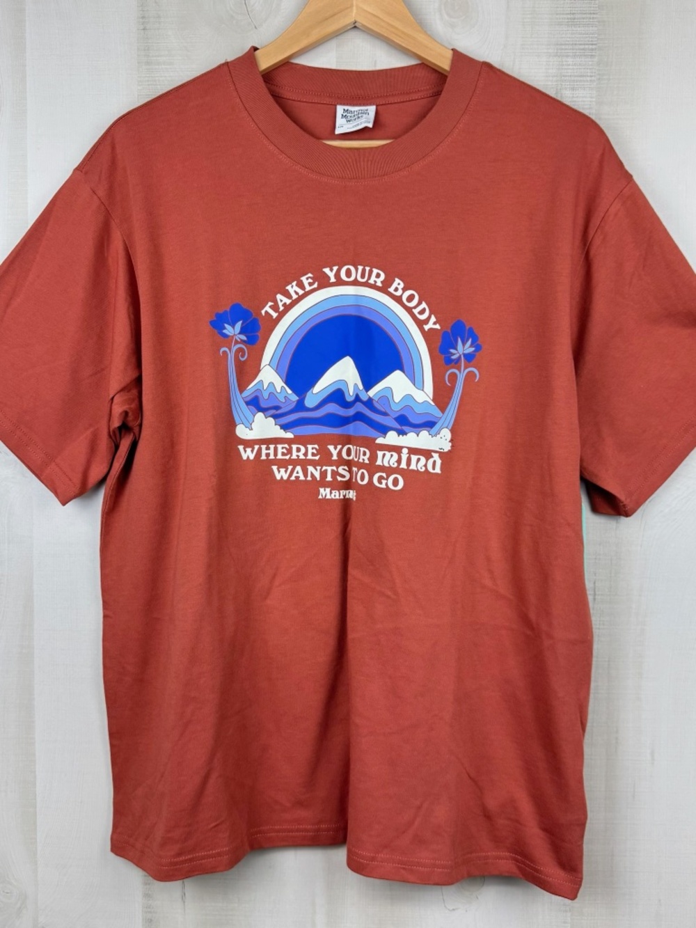 NWT Marmot Men’s Short Sleeve T-Shirt Mental Health Graphic Print Rust Red Large